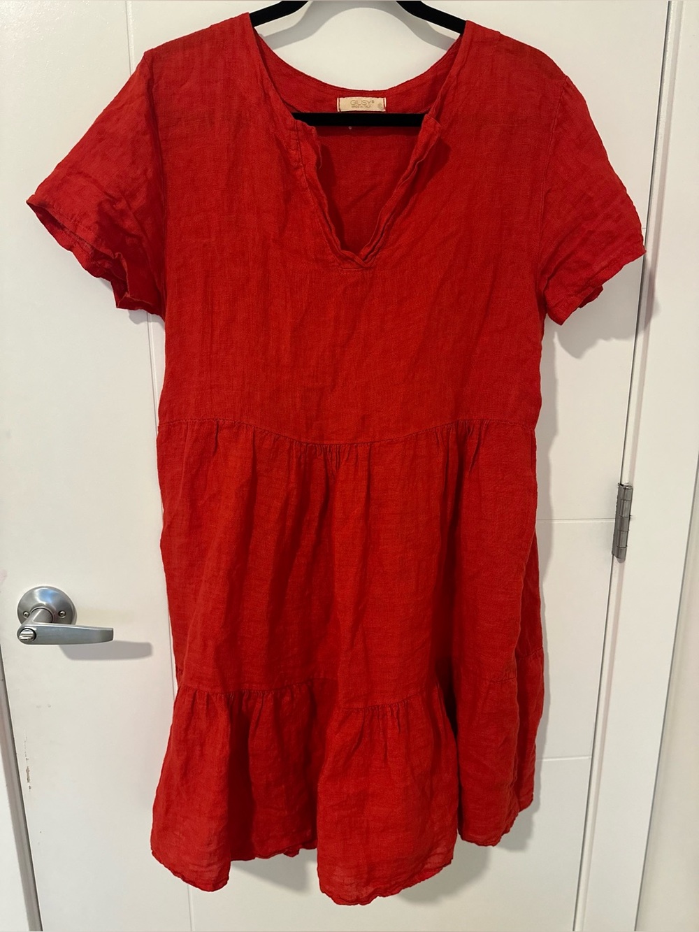 GIUSY 100% Linen Red Tiered Dress – Made in Italy | Size S